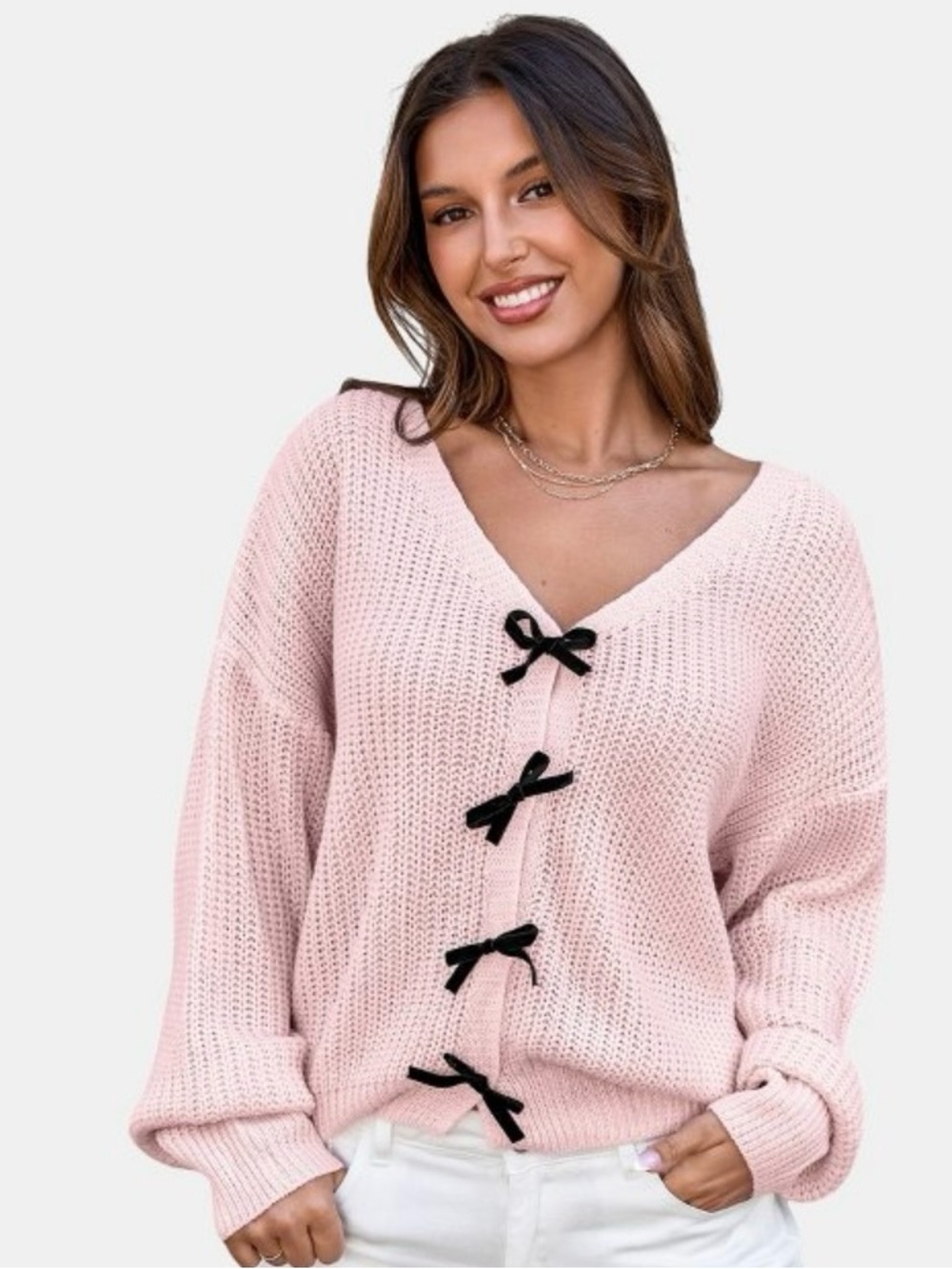 Cupshe Pink V-Neck Sweater with Black Bow Details